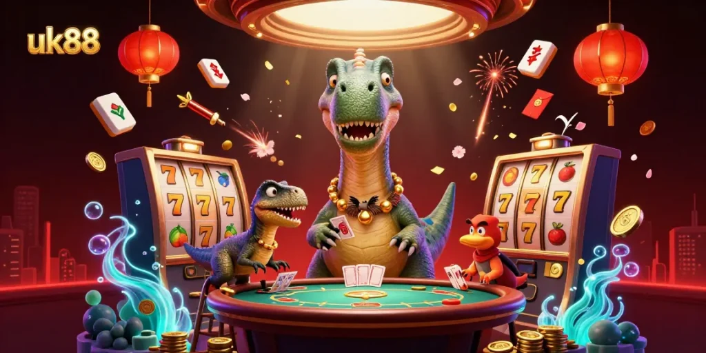 Experience excitement with uk88's vibrant casino scene featuring a towering dinosaur and dynamic gaming elements.