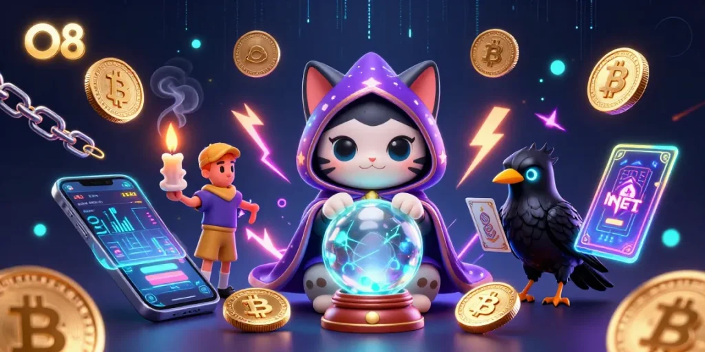 Experience thrilling wins at O8 with vibrant gaming elements and mystical characters in this captivating illustration.
