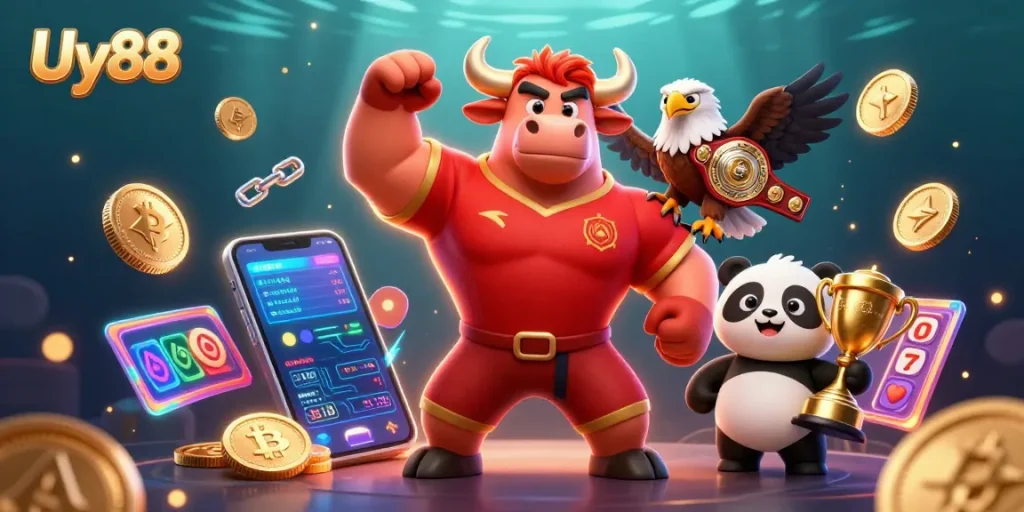 Experience winning at Uy88 with a vibrant casino scene featuring a bull mascot and festive elements.