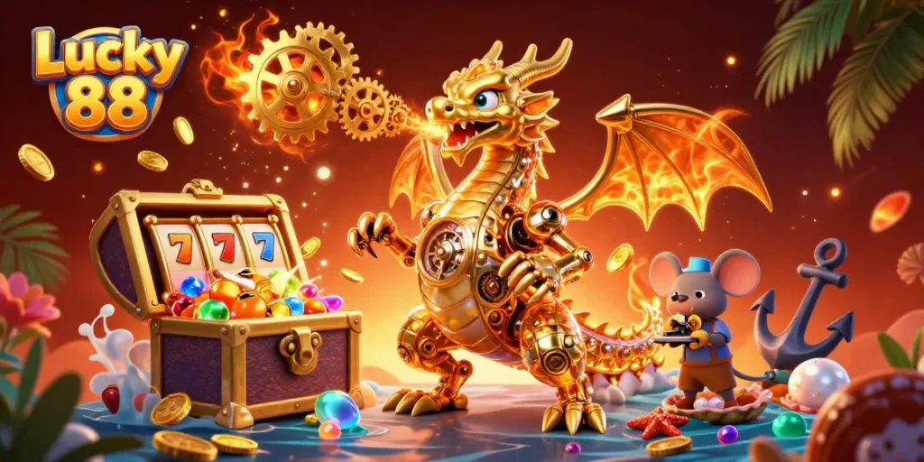 Experience exhilarating gameplay with Lucky 88, featuring a golden dragon and thrilling slot action.