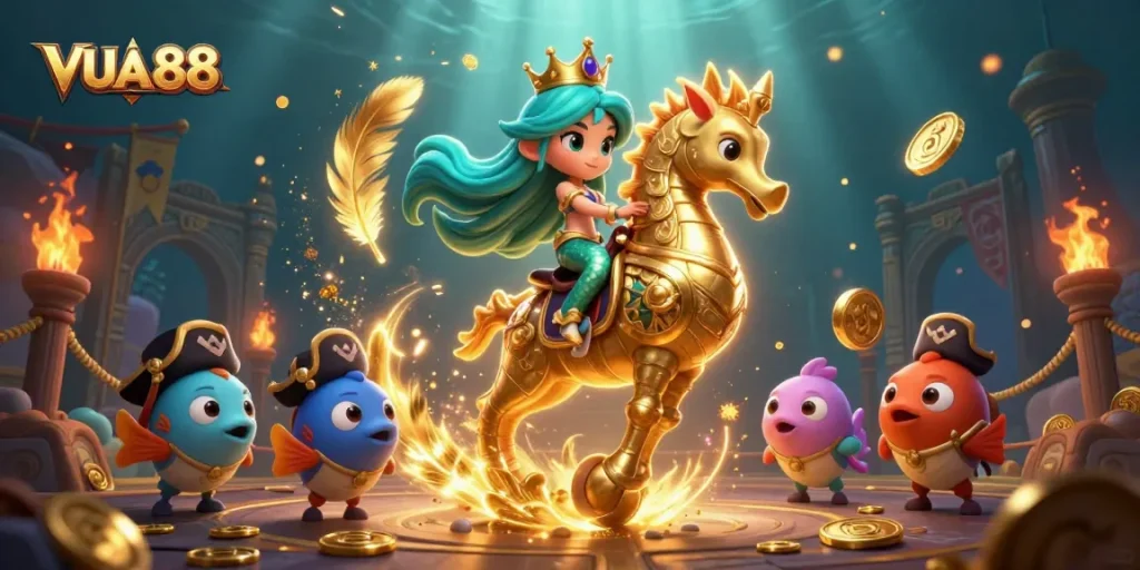 Engage in thrilling adventures with VUA 88 and vibrant underwater characters in this exciting casino-themed illustration.