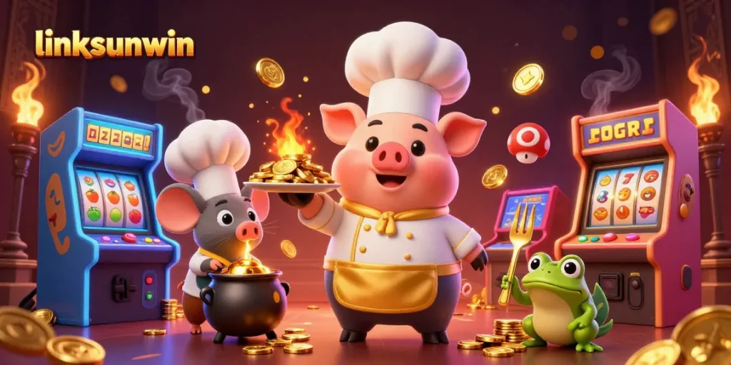 Engage with linksunwin's vibrant casino scene featuring a gourmet gold coin platter and lively characters.