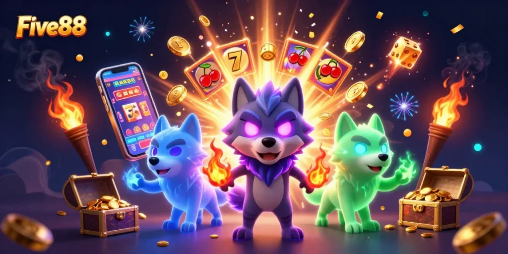 Engage with the vibrant Five88 casino scene filled with dynamic slots and ghostly wolves.