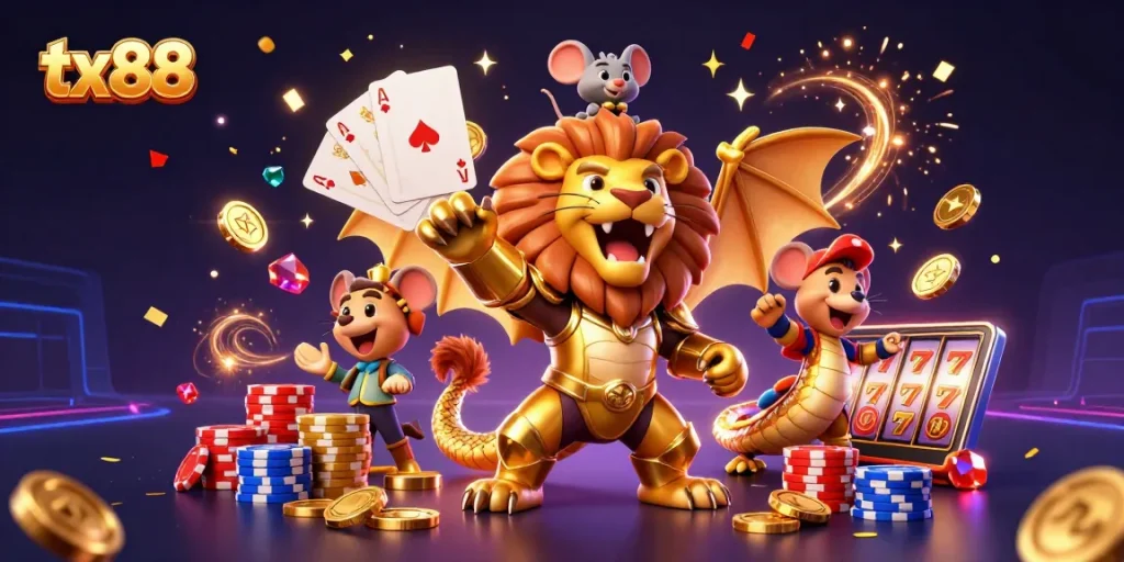 Experience thrilling tx88 gaming action with a vibrant casino illustration featuring gold coins, cards, and more.