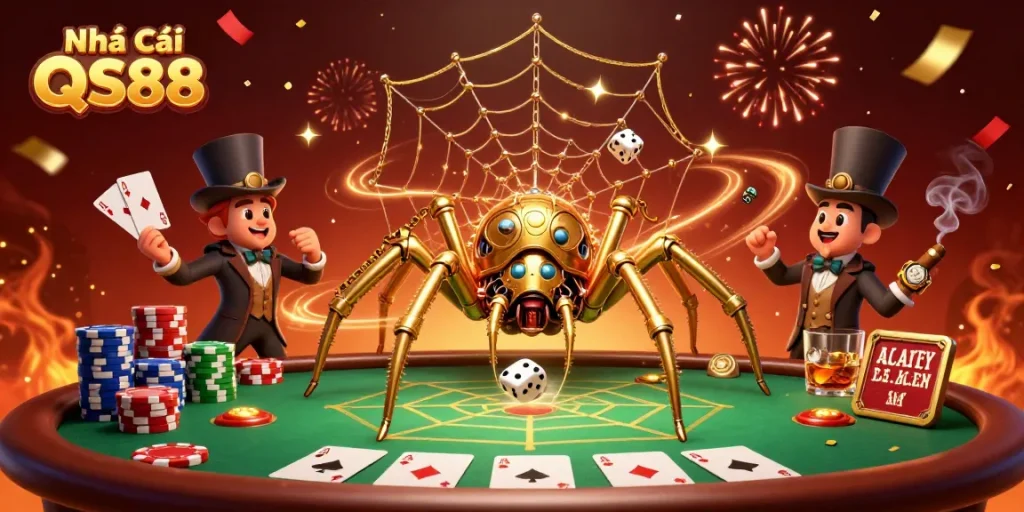 Engage with the thrilling gameplay atmosphere of Nhà Cái QS88, featuring a golden spider and poker elements.