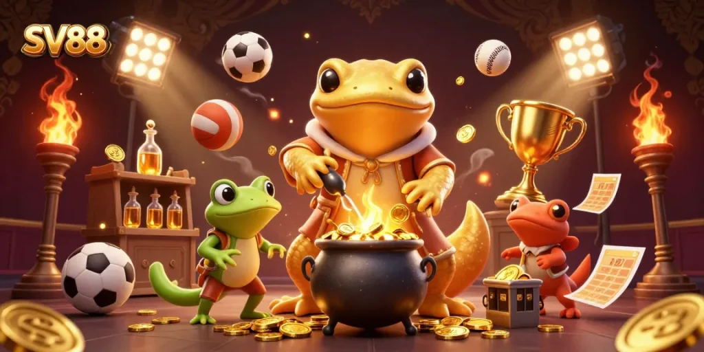 Bet and win at SV88 with a dynamic illustration featuring alchemists and gold coins.