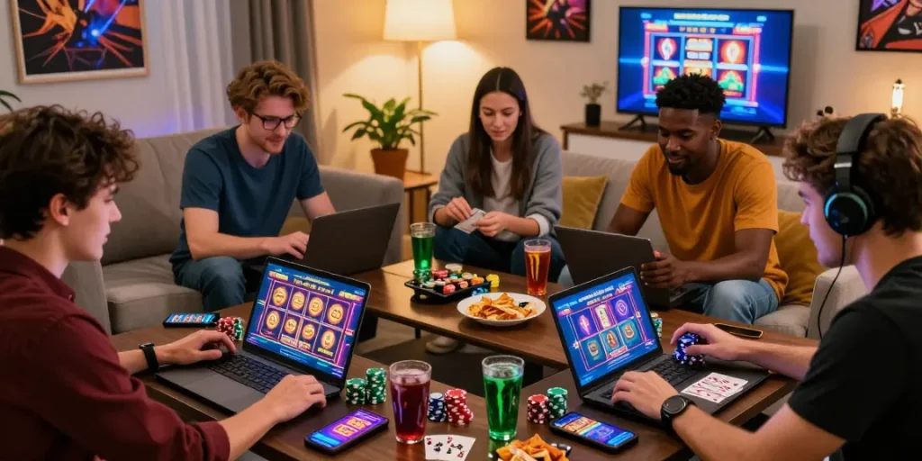 Friends enjoying a lively gaming night at credit card casinos, surrounded by laptops, chips, and snacks in a cozy living room.