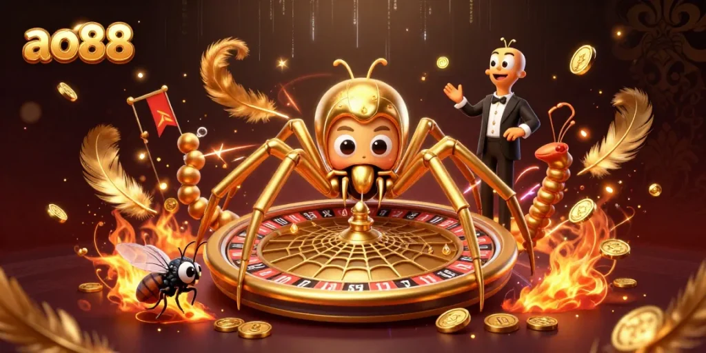 Bet on ao88 as a fly nervously places its wagers alongside a spider spinning a golden roulette wheel.