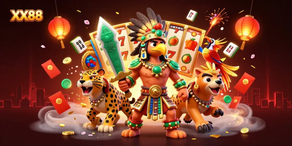 Experience thrilling slot action with XX88 in a vibrant casino-themed illustration.