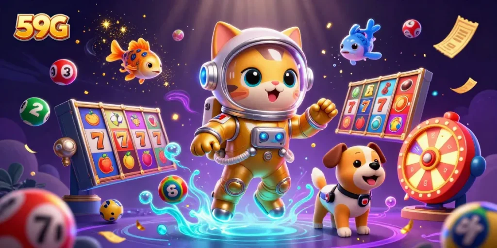 Experience thrilling gameplay at 59G with dynamic slot reels and colorful lottery elements.