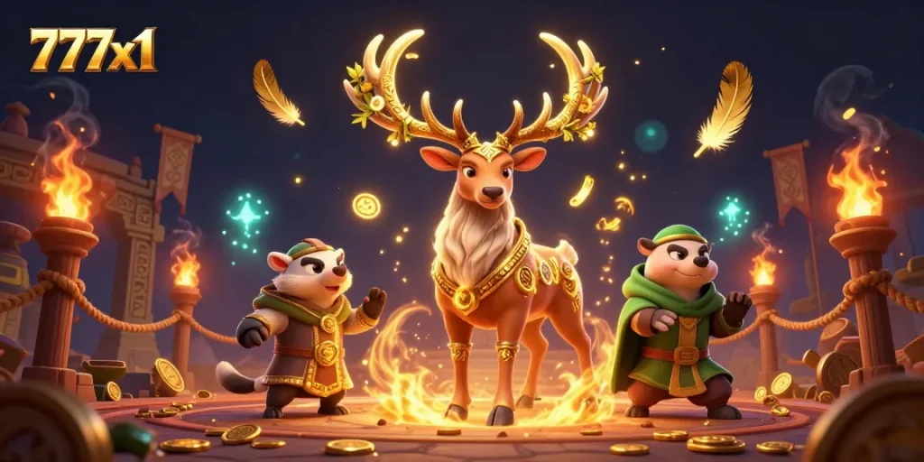 Experience thrilling gameplay with 777x1 amidst mystical characters and captivating elements in a vibrant casino scene.