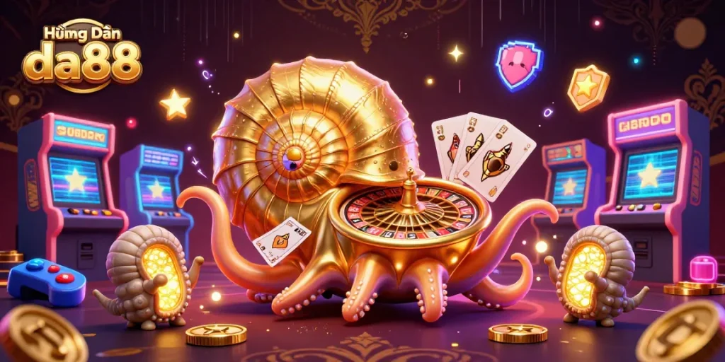 Play and win with Hướng Dẫn da88 as the golden nautilus and glowing ammonites lead the way in this vibrant casino scene.