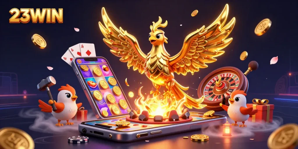 Engage with 23WIN's dynamic slot experience through 3D phoenix with gold coins and gaming elements.