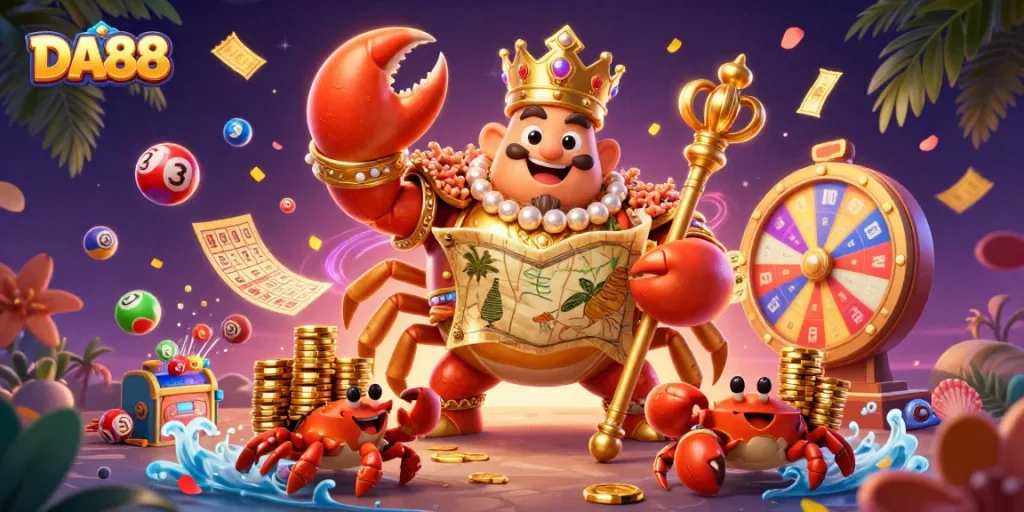 Engage with DA88's interactive slot scene featuring a golden crab emperor and vibrant casino elements.