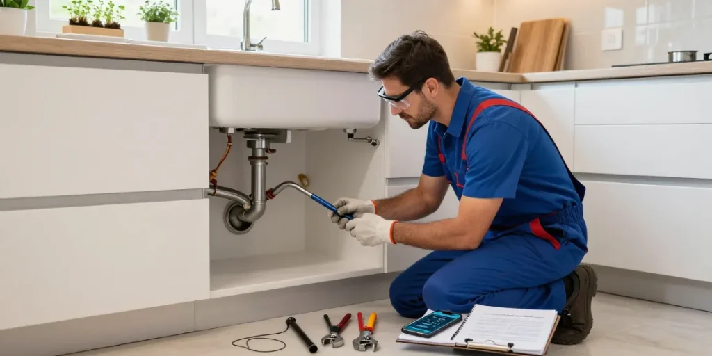 Blocked drains London plumbing expert inspecting a residential kitchen sink with tools for effective repair.