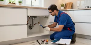 Blocked drains London plumbing expert inspecting a residential kitchen sink with tools for effective repair.