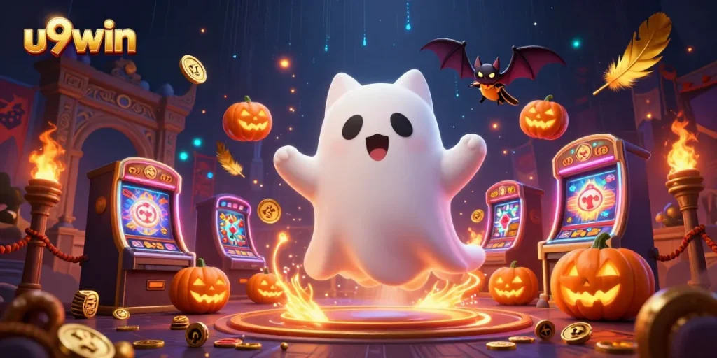 u9win's ghost cat and vampire bat explore a haunted casino filled with glowing gaming elements.