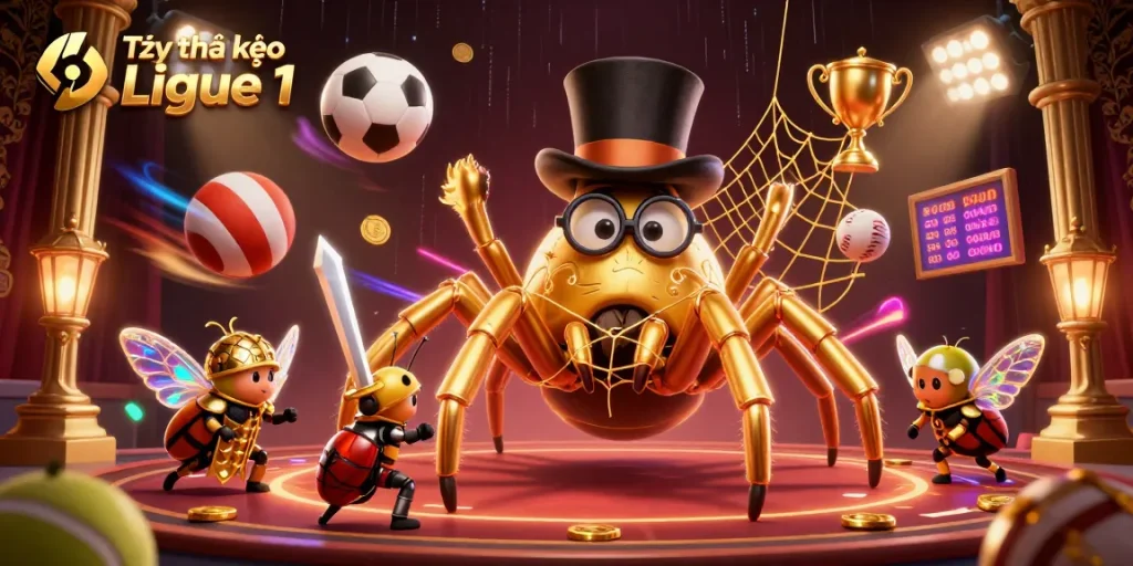 Tỷ lệ kèo Ligue 1 analysis shows a colorful 3D illustration of casino characters betting amidst dynamic sports elements.