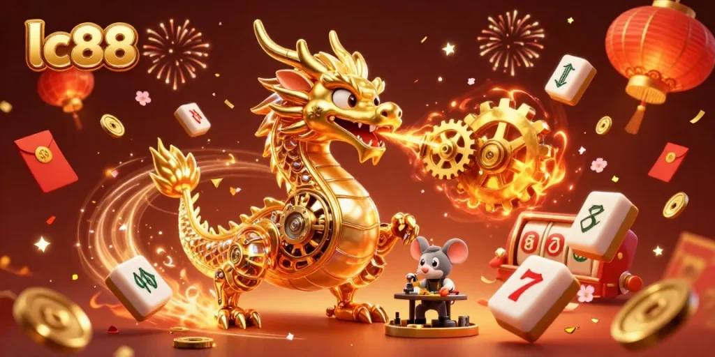 Experience winning excitement at lc88 with the dynamic 3D casino scene featuring golden dragon and festive elements.