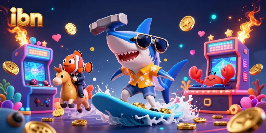 Engage with the thrilling world of ibn as a shark character surfs coins and a DJ crab sets the scene in this casino-focused illustration.