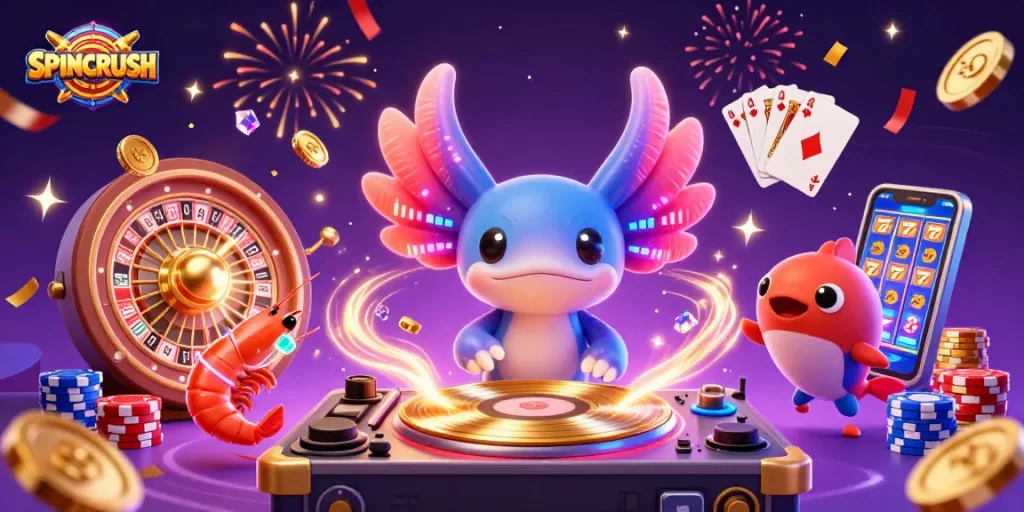 SPINCRUSH captivates players with vibrant characters and dynamic gaming elements in a dazzling casino scene.