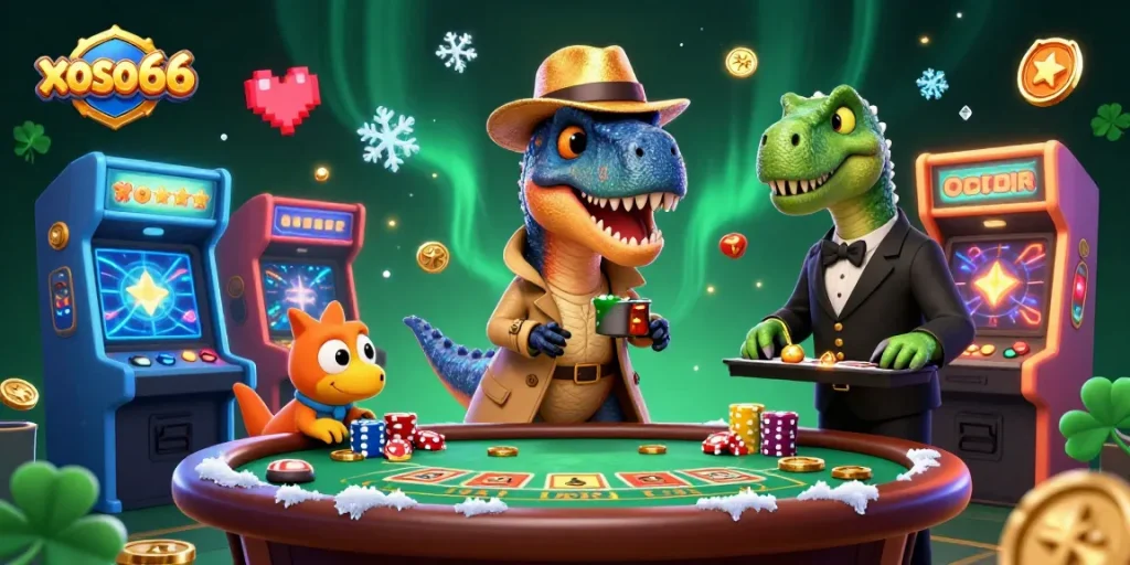 xoso66 showcases an engaging casino scene featuring a velociraptor card counter, creating excitement at the blackjack table.
