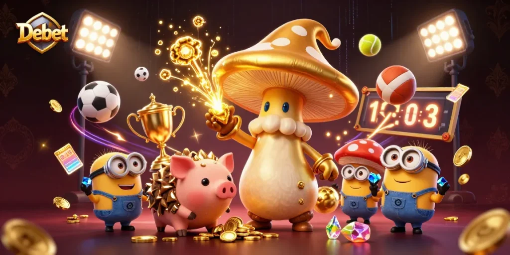 Experience Debet's magical gaming world with a golden wizard and vibrant sports dynamic elements.