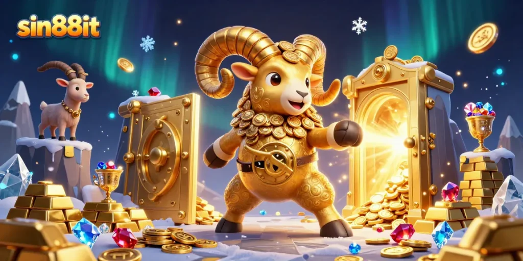 Experience the thrill of sin88it with a majestic golden ram charging through a dynamic casino scene filled with treasures.