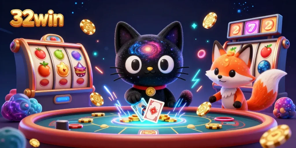 Experience thrilling gameplay at 32win with a cosmic casino scene bursting with excitement and colorful elements.