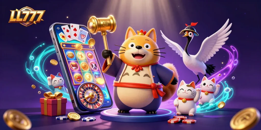 Experience LL777's vibrant gaming with a cheerful raccoon, samurai crane, and waving lucky cats!