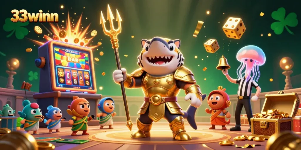 Experience thrilling action with 33winn's vibrant 3D casino scene featuring a tiger shark and epic gaming elements.