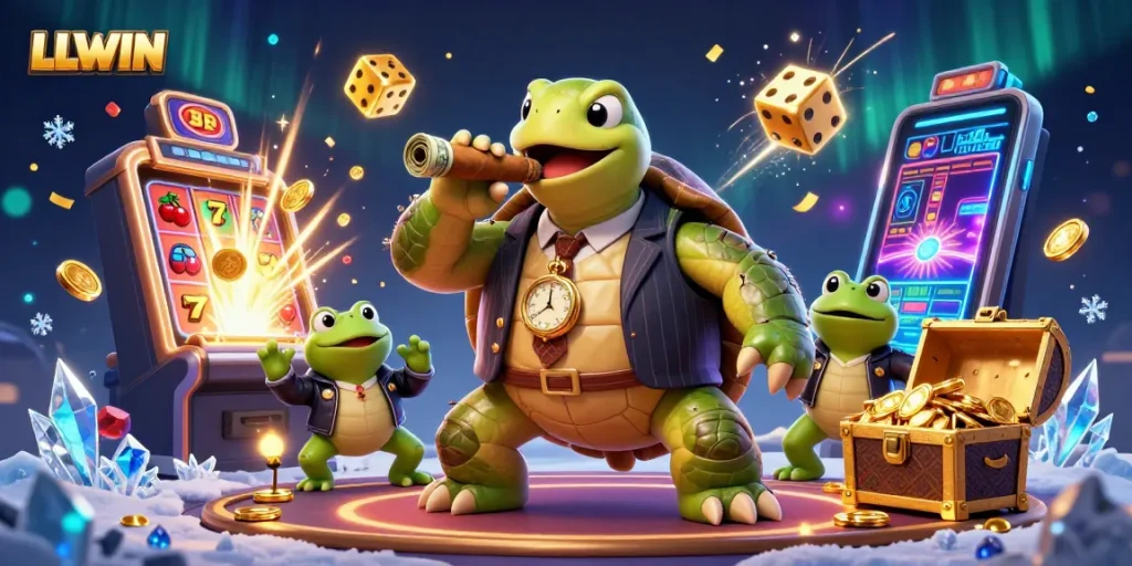 LLWIN showcases a vibrant turtle mobster with casino elements, immersing players in thrilling gaming.