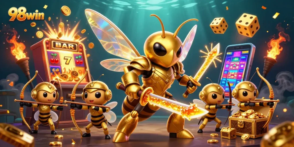 98win's giant golden hornet samurai and bee archers celebrate casino jackpots amid vibrant game elements.