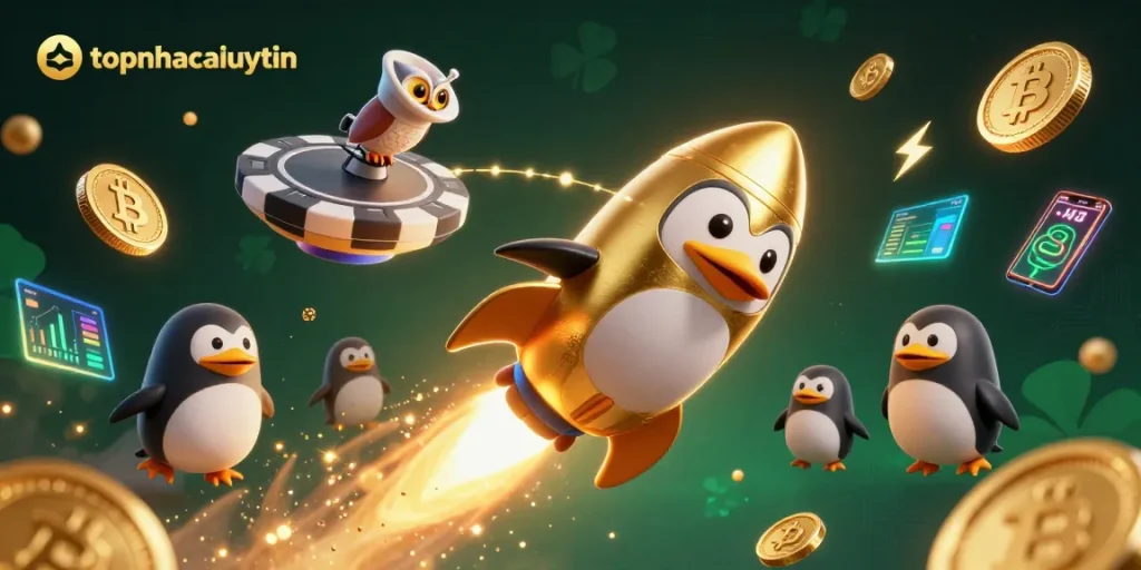 topnhacaiuytin showcases a golden penguin rocket blasting towards a poker chip casino, collecting crypto coins.