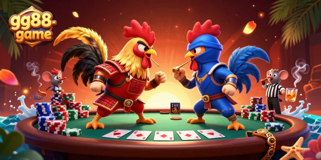 Experience thrilling betting action with gg88-game in a captivating cockfight illustration.