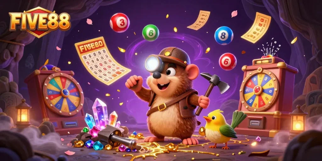 Experience the thrill of FIVE88 with colorful lottery balls and a treasure hunter in an enchanting illustration.