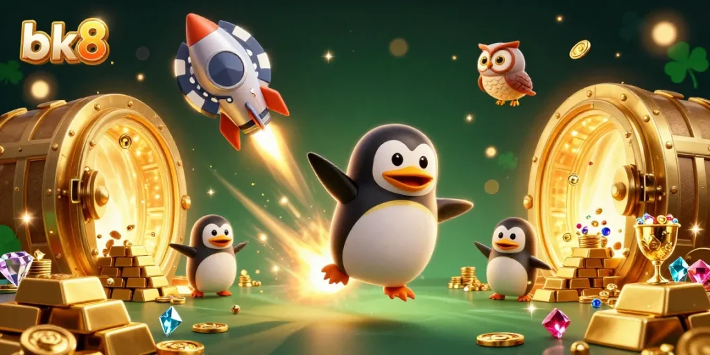 Spin and win with bk8's golden penguin soaring to a cosmic casino adventure.
