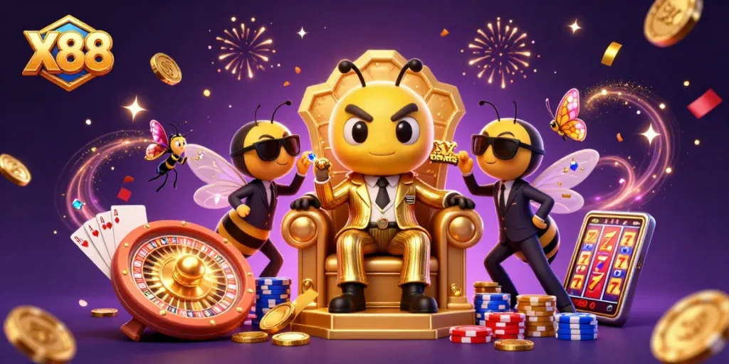 X88 provides thrilling casino action with a bumblebee mob boss surrounded by stunning game elements.