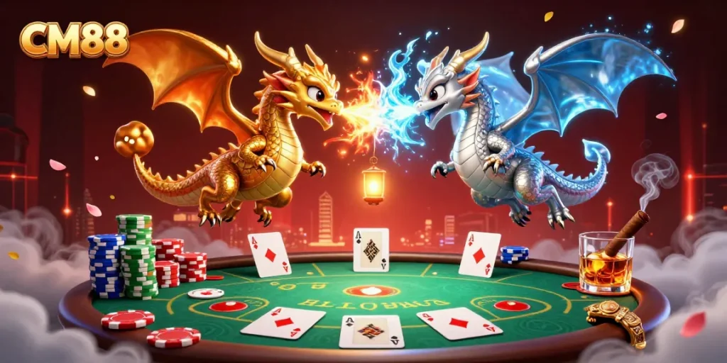 Engage with CM88 in a vivid display of a gold and silver dragon duel amidst poker excitement.