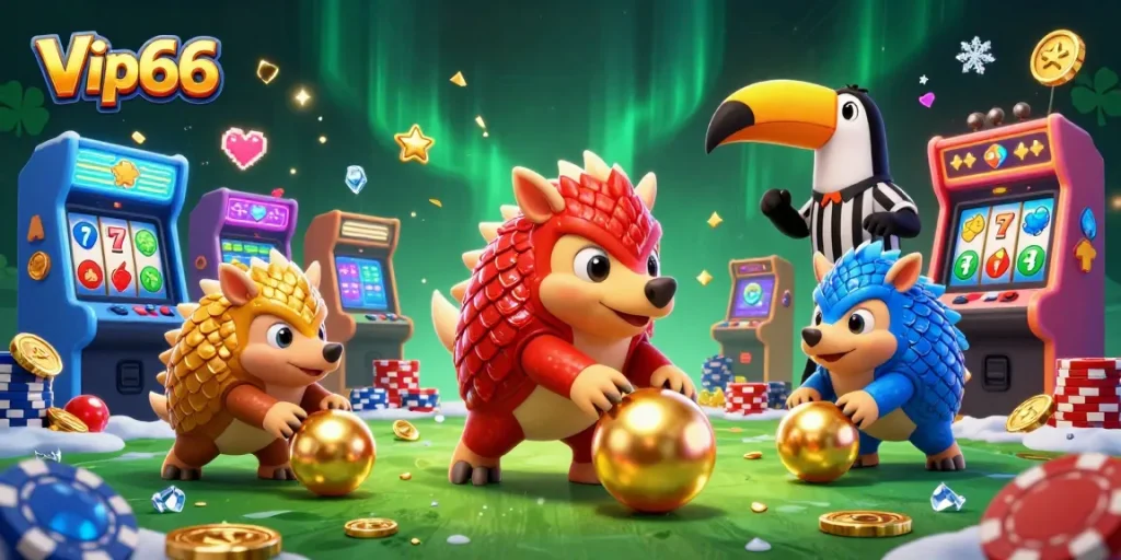 Experience fun with Vip66 as rival pangolins compete amid colorful casino elements and golden lights.