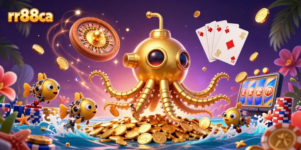 Experience thrilling games at rr88ca with immersive visuals of a kraken submarine in a dynamic casino setting
