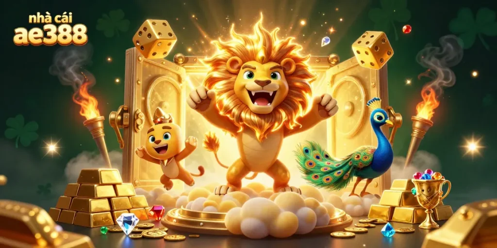 Experience the thrill of nhà cái ae388 with vibrant golden characters and dynamic gambling elements!