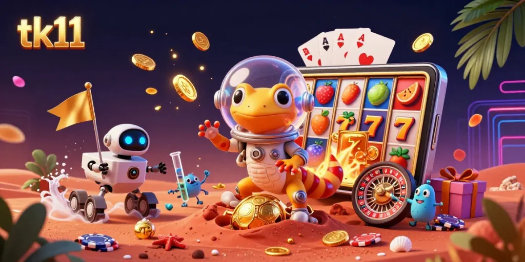 Engage with tk11’s exhilarating slots and games in this vibrant Martian casino illustration.