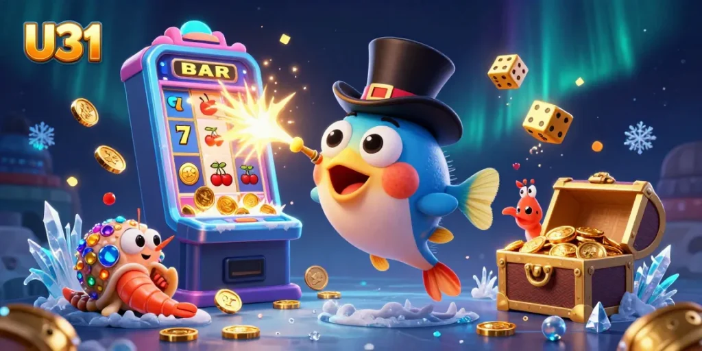 Experience dynamic wins at U31 with a vibrant casino-themed scene featuring joyful characters and gaming elements.