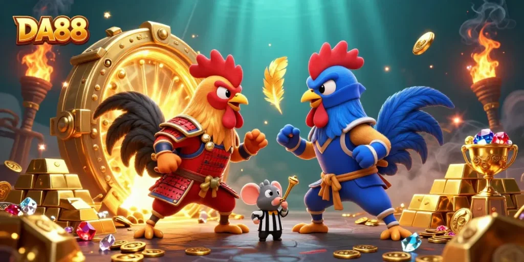 DA88 showcases energetic duel between roosters in a vibrant casino setting, filled with treasures.