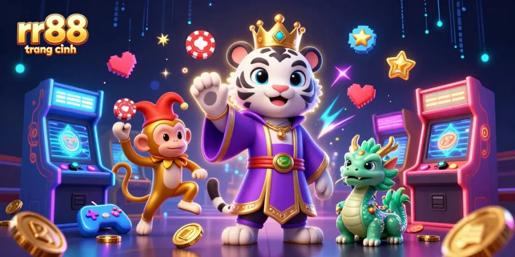 Engage with rr88 trang chính for thrilling online gambling action featuring vibrant, animated casino elements.