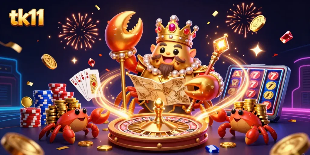 Spin and win big with tk11's exciting casino experience featuring a golden crab emperor counting treasure.
