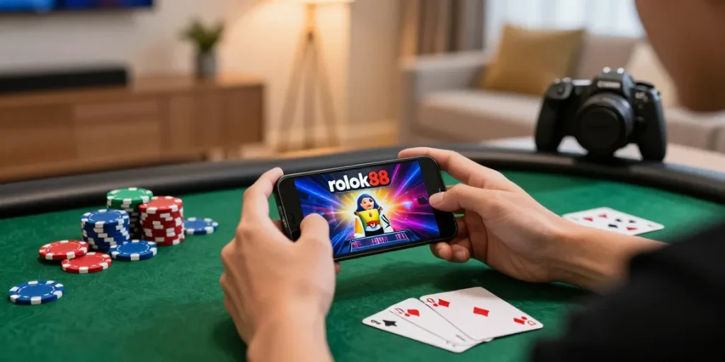 Engaged user playing rokok88 mobile game with poker chips, cozy ambiance.