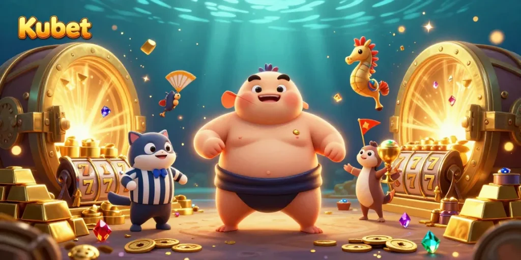 Kubet-themed illustration with a fugu, catfish referee, and gambling elements in an underwater scene.