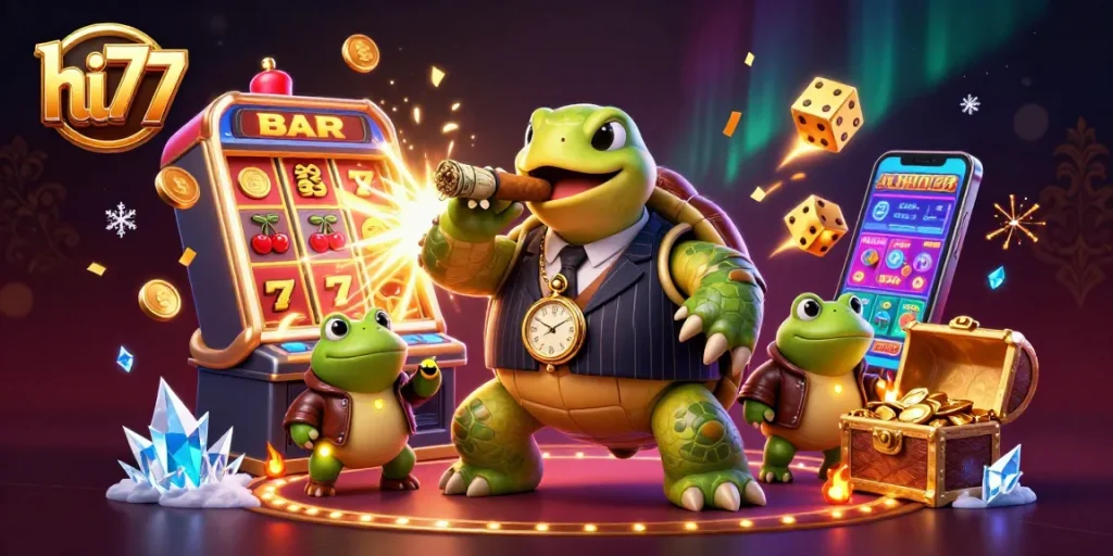 Win big with hi77's exciting casino games featuring a snapping turtle mobster and dynamic slot action.